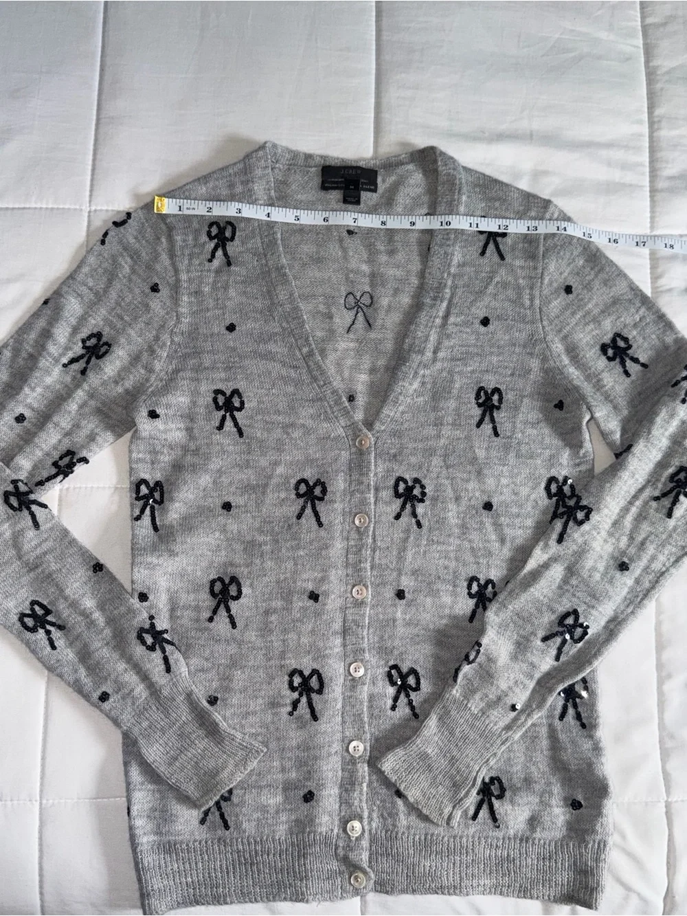 J Crew Gray V-Neck Cardigan with Black Sequin Bows- Medium